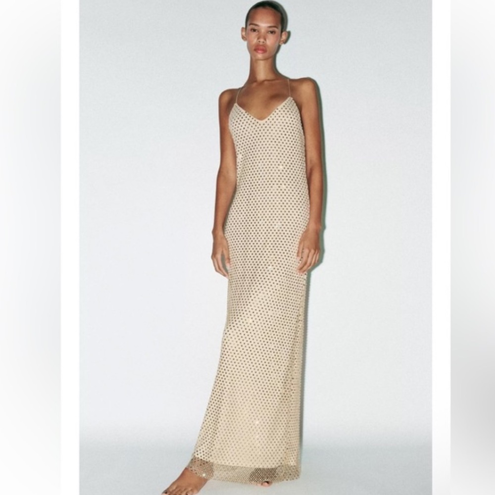 Zara NWT long rhinestone dress cream 4772/342
